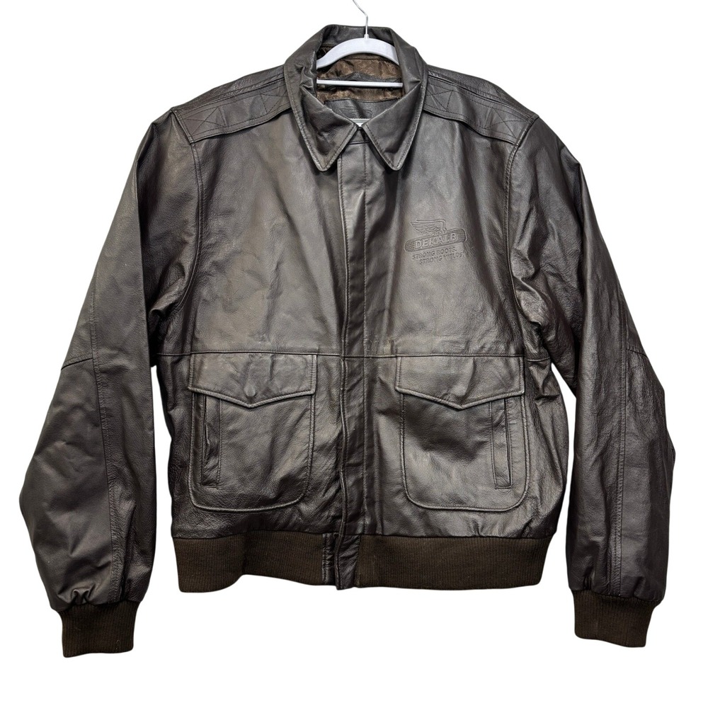 DeKalb Bomber Jacket Mens XL Brown Leather A-2 Flight Logo Farm Agriculture